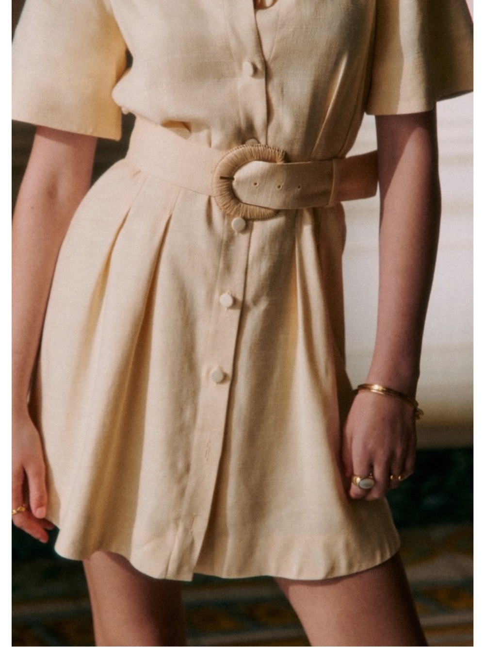SEZANE Buttercream Ecru Linen Button Down Belted Mini Shirt Dress Gemma Dress - Picture 5 of 16